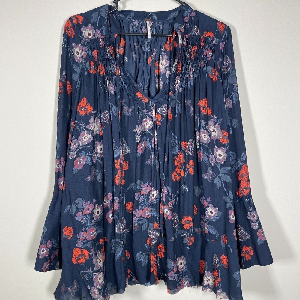 Free People Pebble Crepe So Fine Smocked Bohemian Tunic Top Woman Sz XS